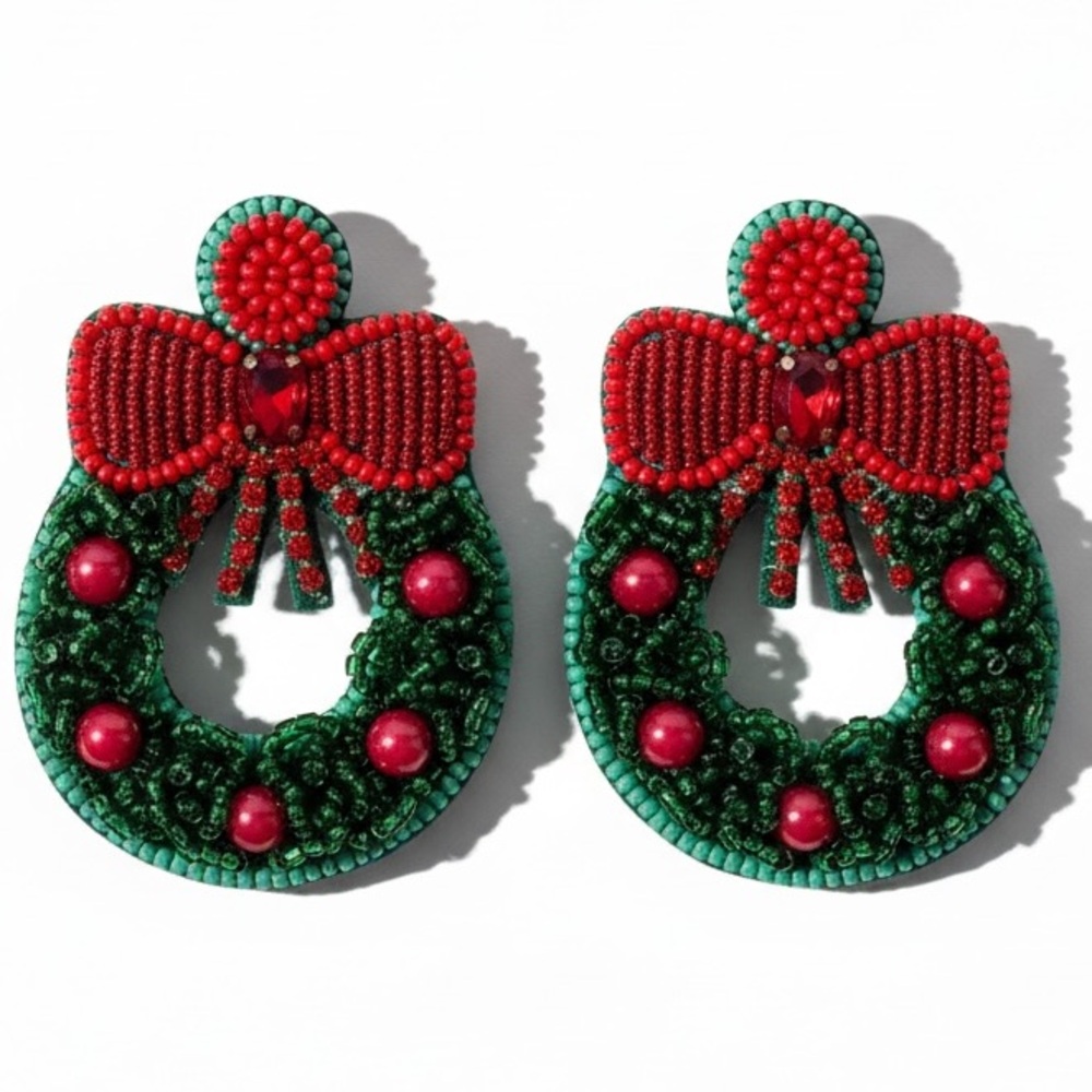 Handmade Beaded Christmas Wreath Statement Earrings Holiday Red Green Bow